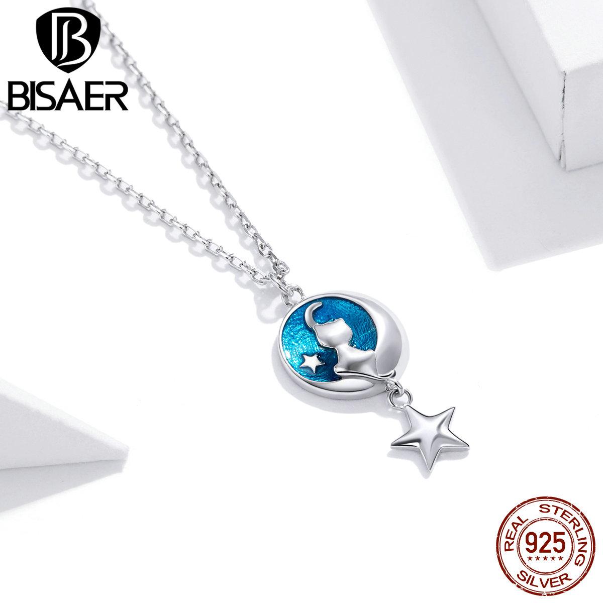 

BISAER, ожерелье из стерлингового серебра 925 пробы с луной и кошачьей звездой, синяя эмаль, длинное звено цепи, ожерелье для женщин, модные ювелирные изделия 925 silver