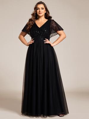 Ever-Pretty Women's Elegant V-Neck Ruffles Sleeve A-Line Empire Waist Tulle Evening Dresses With Paillette