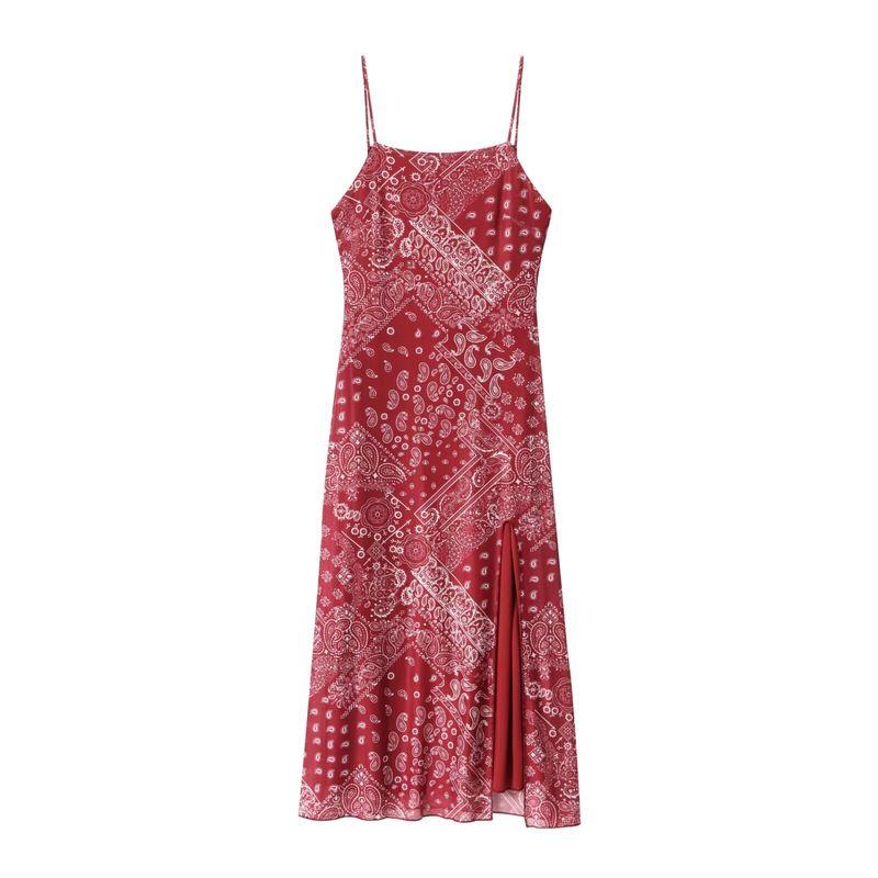 Kaslead New Women Clothes Western Style Geometric Pattern Print Split Waist Hugging Back Strap Dress