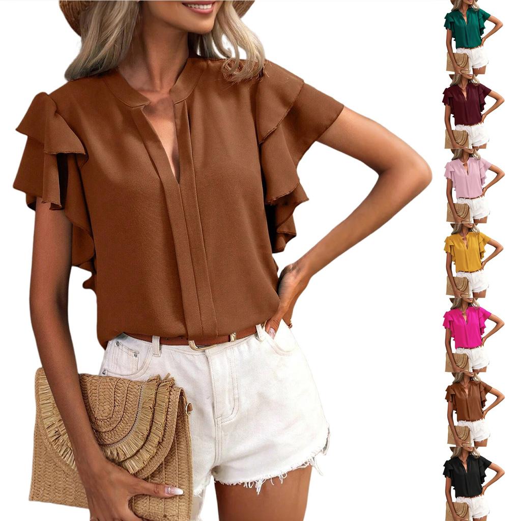 Einfarbiges Damen-Shirt mit V-Ausschnitt, lässig, doppellagigen Ärmeln, einfarbig