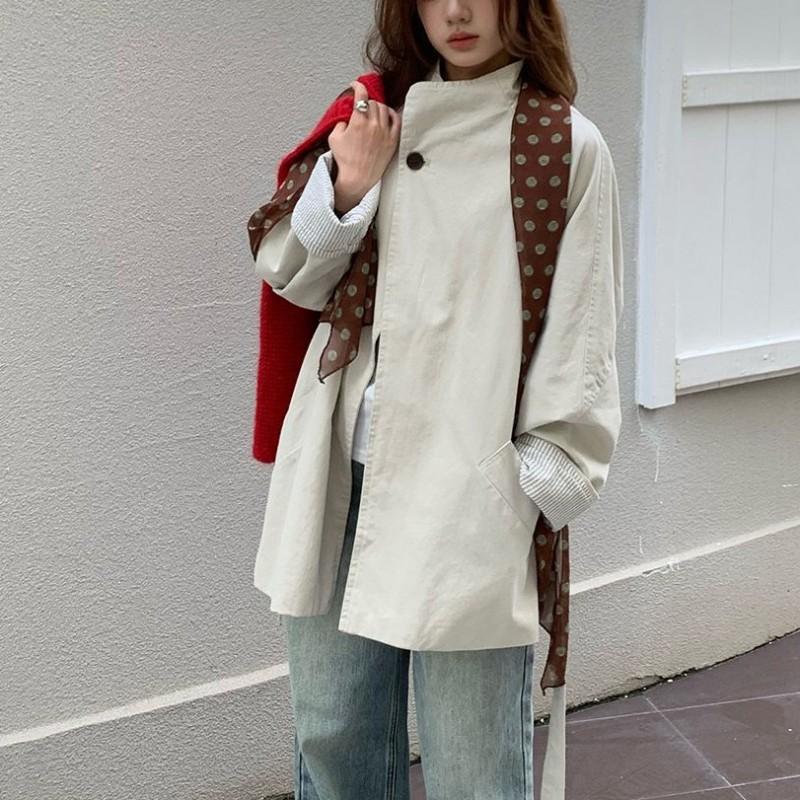 Womens Black Stand Collar Trench Coat 2026 Korean Style Slim Fit Casual Mid Length Outerwear Petite Women