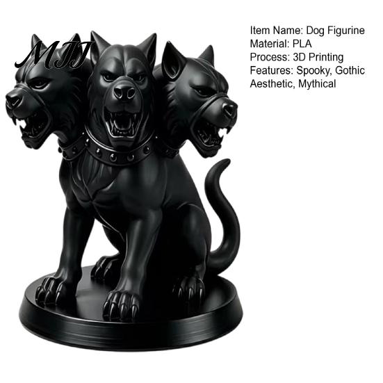 Dark Fantasy Room Accessories Three-Headed Dog Figurine, Gothic Mythology Animal Statue, 3D Printed Niche Art Ornaments Halloween Ornament for Desktop