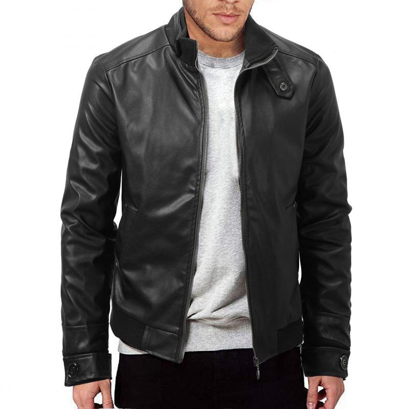 Winter business gentleman thermal zipper cardigan PU leather jacket stand-up collar slim leather jacket men