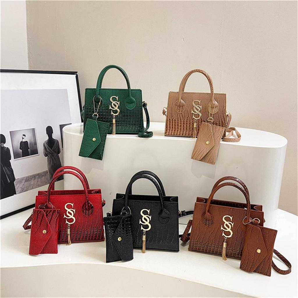 Fashion Solid Color Simple Crocodile Letters Tassel Casual Atmosphere Shoulder Handbag Bag For Women