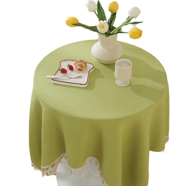 Solid Color Linen Tablecloth With Fringe Round Rectangle Dining Desk Table Cover