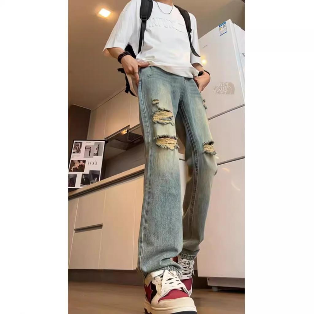JYL Men's Paint Print Jeans Summer High-Street Loose Wide-Leg Straight Denim