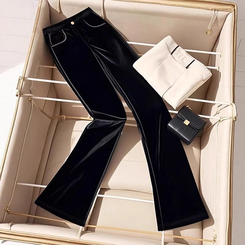 Womens Black Velvet Straight Leg Trousers High Waist Comfortable Casual Slim Fit Winter 2025