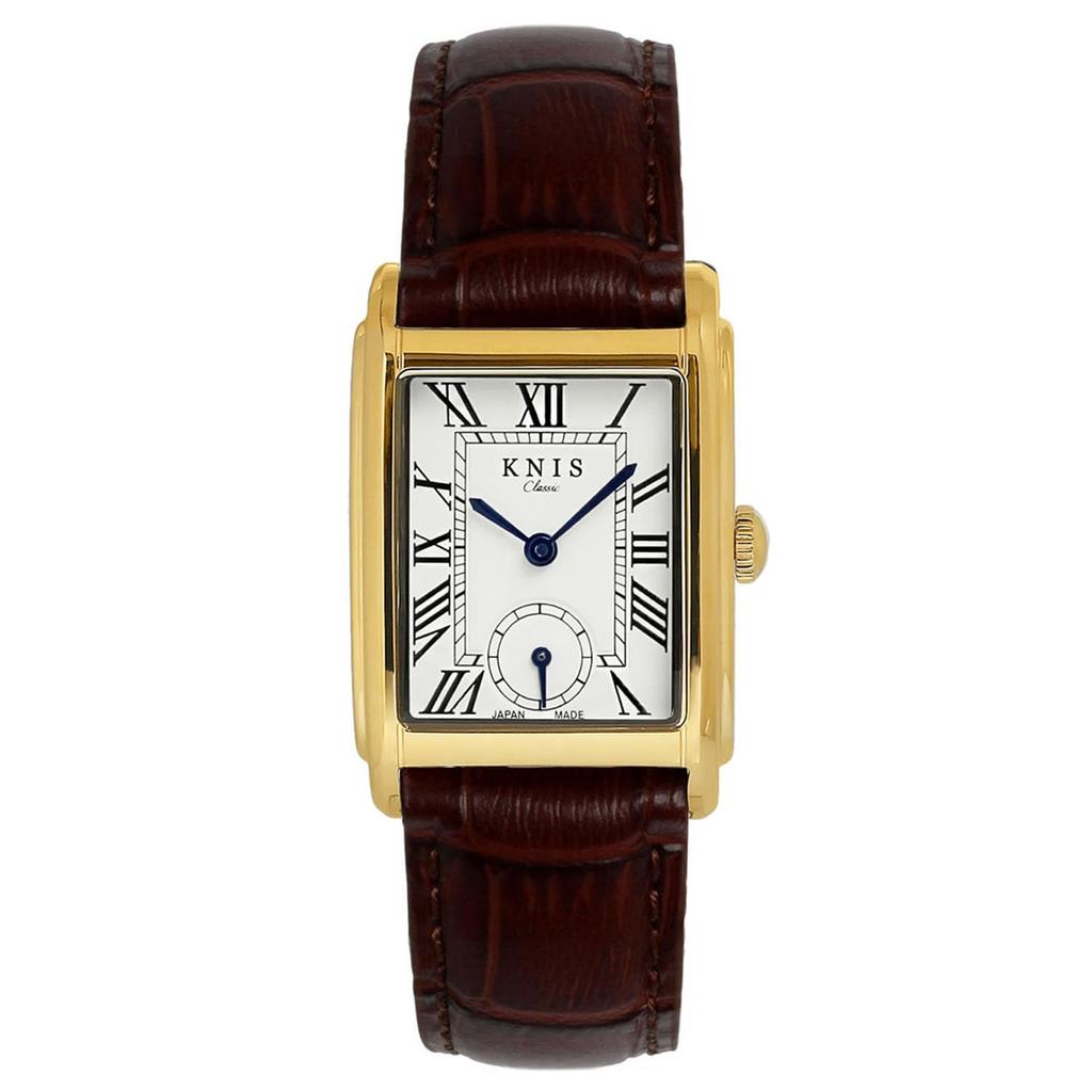 KNIS Classic Rectangular Quartz Watch for Men and 3 ATM Water White Roman Gold Crocodile Embossed Leather (Nis) Japanese-made Women, Resistant, Dial,