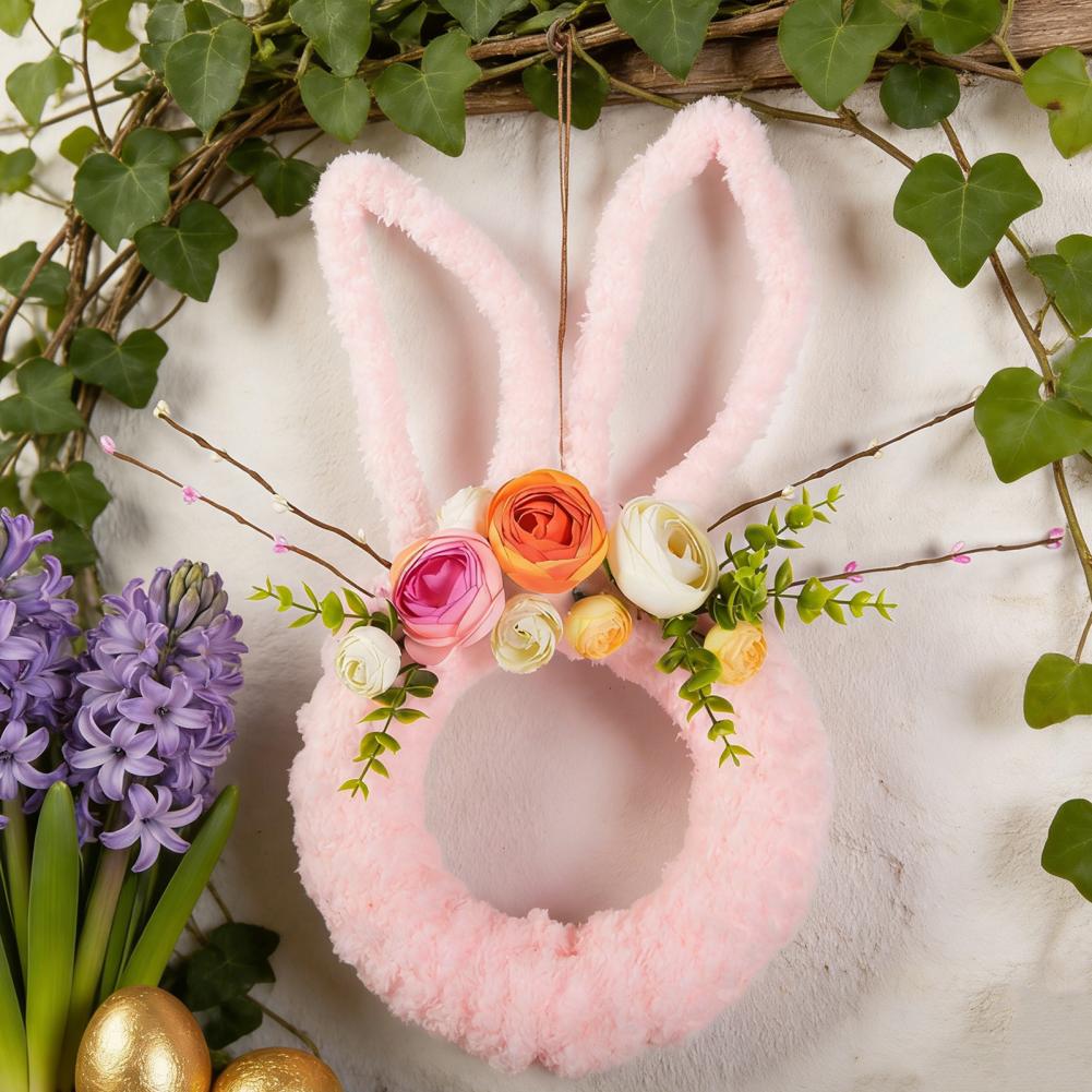 Easter Bunny Wreath for Front Door Yarn Wrap Rabbit Shaped Wreath with Artificial Flowers for Spring Porch Wall Window Decor