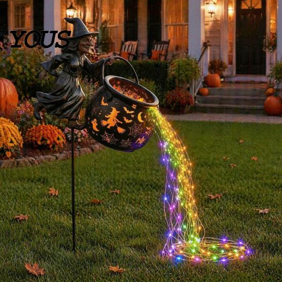 Osvětlená venkovní sezónní dekorace Halloweenský kotel čarodějnice Zahradní světlo, Kovový kůl na zahradu s LED řetězem Ozdoba na květináč Světla, Vodotěsná socha pro