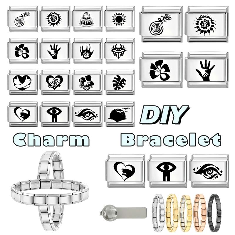 Fashion Girls' Eye Cake Sunset Butterfly Flower Cat Laser Engraving Charm Links Fit 9mm Stainless Steel Bracelet DIY Making Gift
