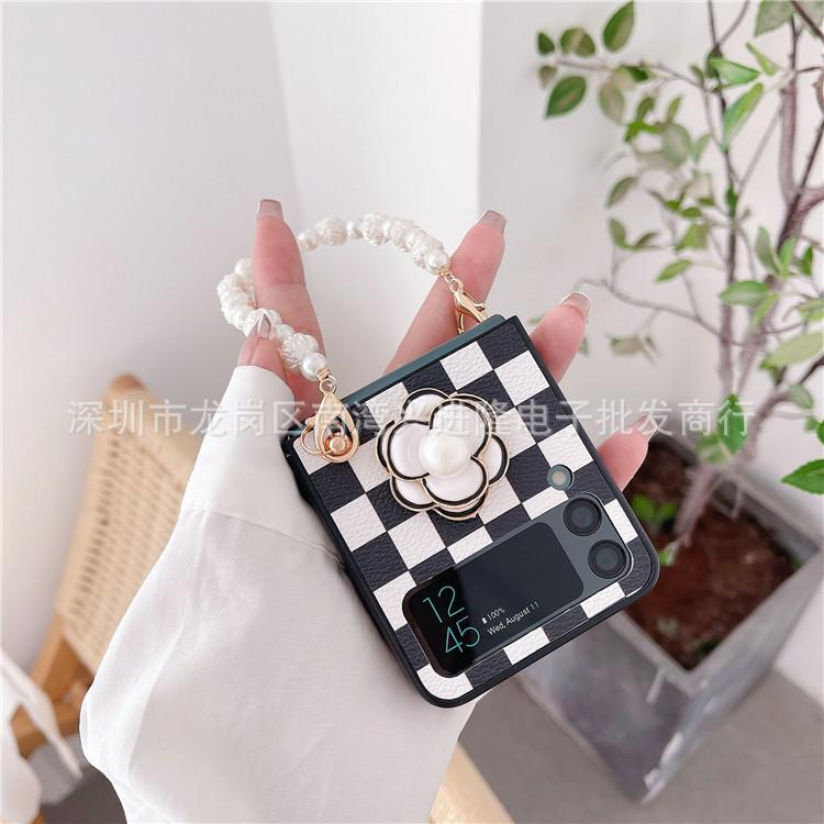 Applicable To Samsung Z Flip4 Folding Screen Mobile Phone Case Plaid Camellia Pearl Portable Wristband Leather Case Protective Case