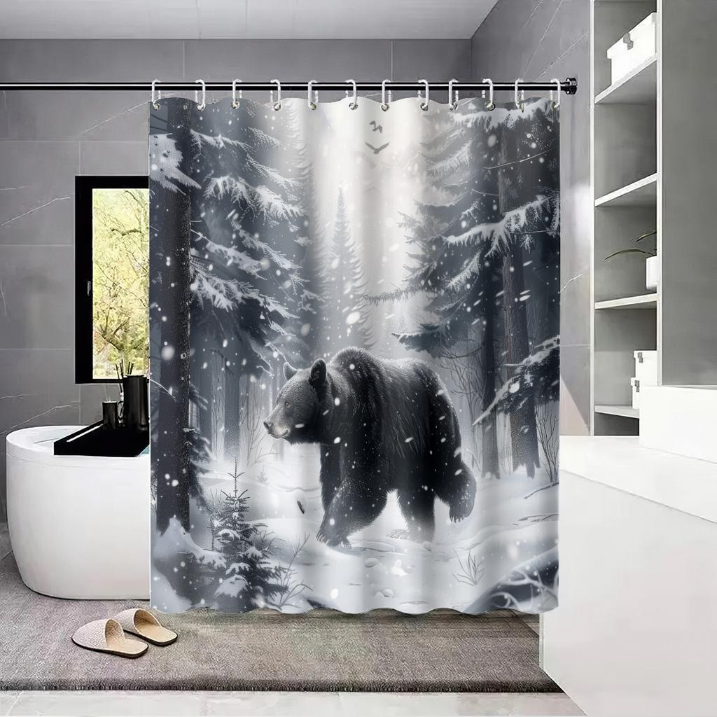 1pc Bear Animal Print Waterproof Shower Curtain Shower Partition Hanging Curtain with 12 Hooks Multiple Sizes Easy To Install