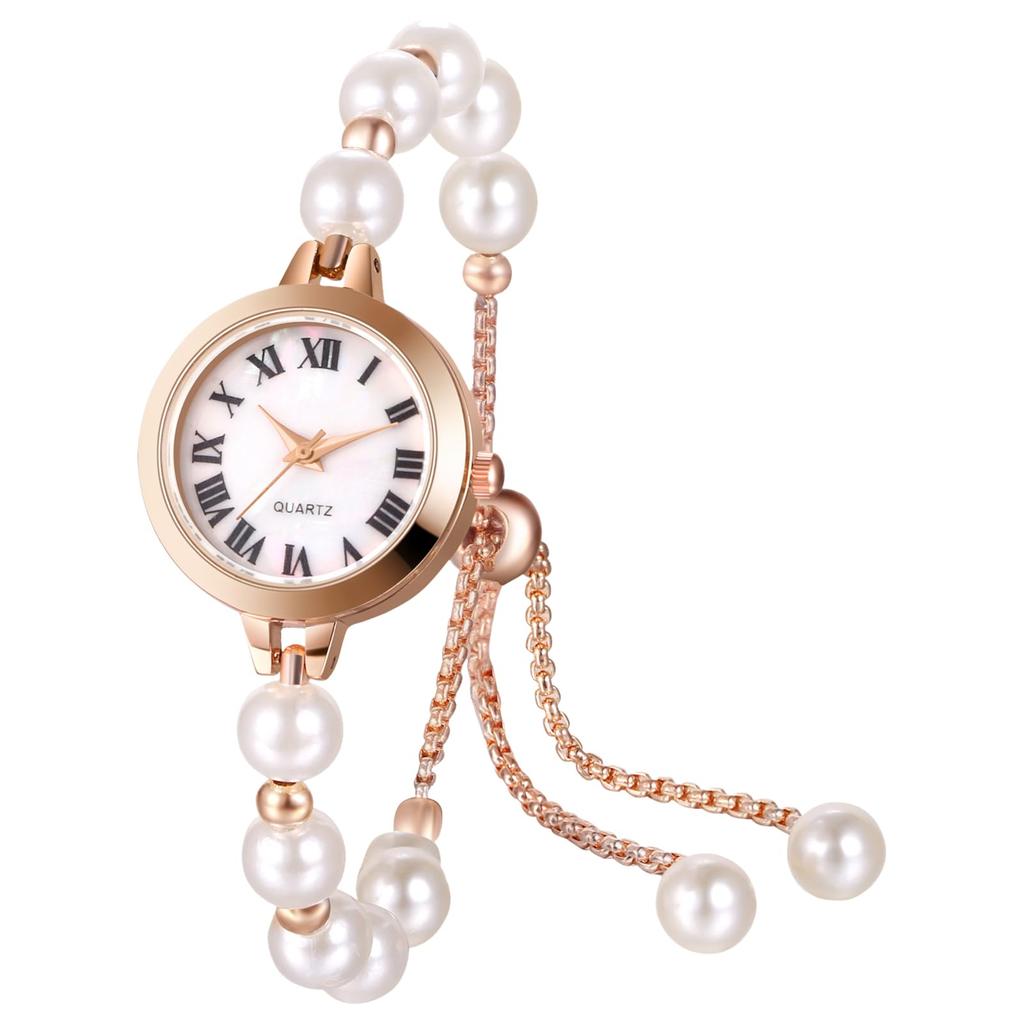 Round Small Pearl Roman Numeral New Year Wristwatch, Women's, Waterproof, Rainproof, Dial, Quartz, Dial, Bracelet, Dial, Adjustable, Simple, Present,