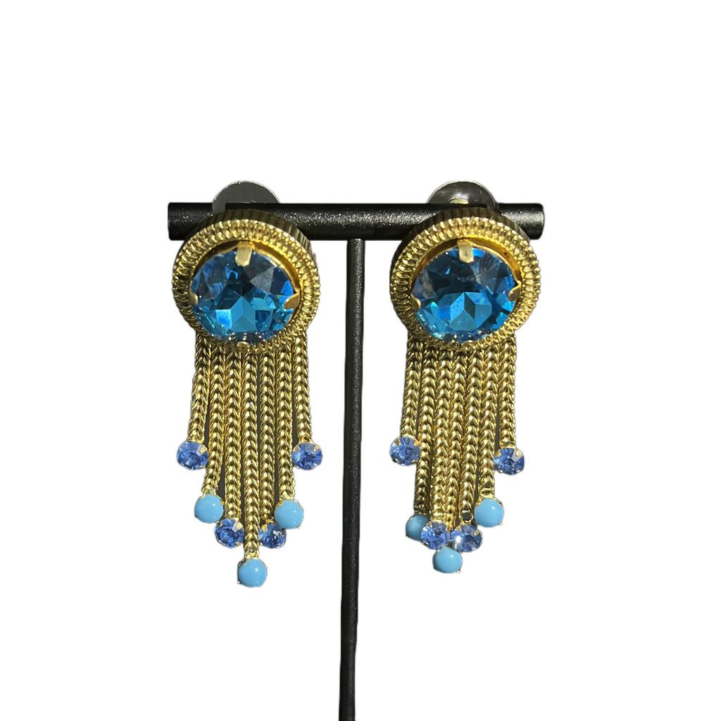 Temperament Copper Claw Tassel Earrings with Blue Gem Studs