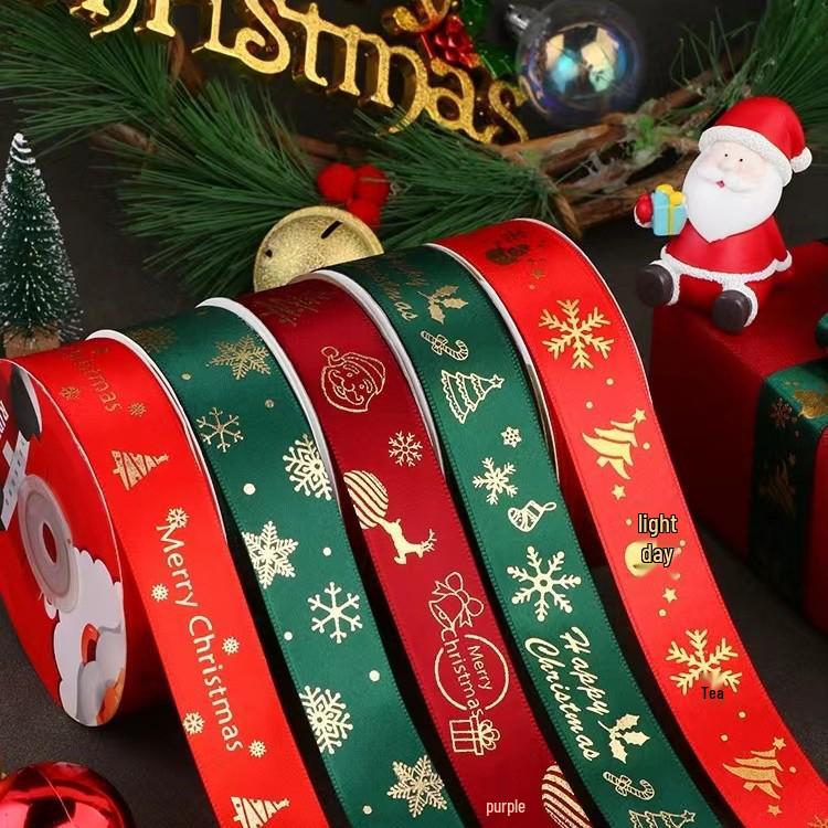 Christmas Ribbon: Colorful Glossy Satin with Hot Stamping - 2.5cm for Gift Packaging & Party Decor