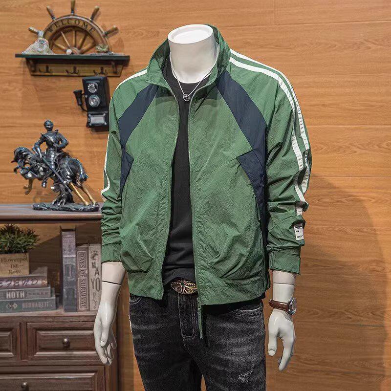 Men s Striped Patchwork Color Block Cardigan Jacket with Stand Collar - European Spring/Autumn Fashion Trend L зелёный