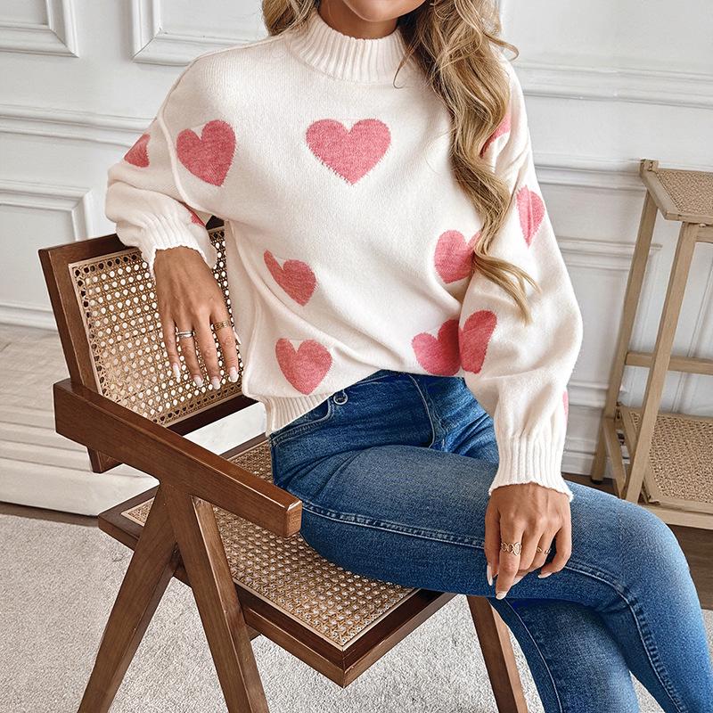2025 Autumn/Winter Women's Christmas Love Jacquard Knit Sweater - European/American Style Semi-High Neck