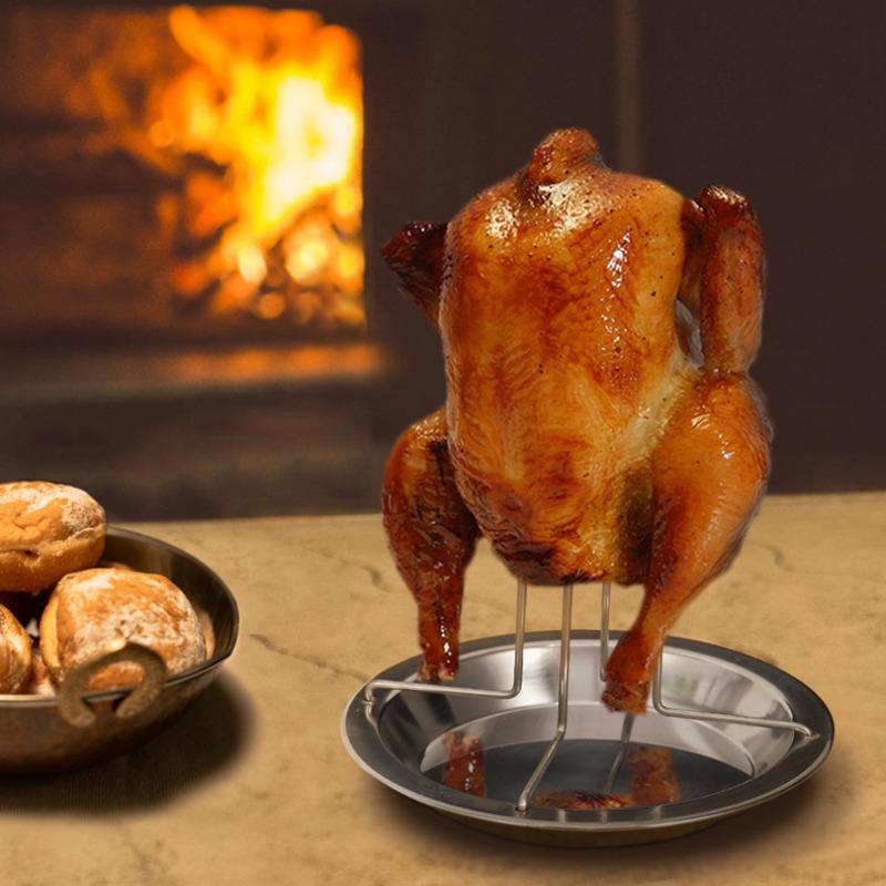 Outdoor Camping Chicken Roaster Rack Thickened Carbon Steel BBQ Grill Stand Non Stick Roast Chicken Holder Pan