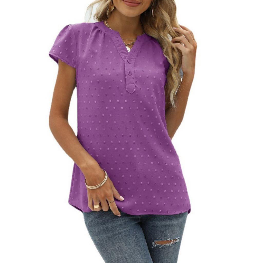 Summer Women's Solid Textured Chiffon Blouse, Loose V-Neck Pullover Short Sleeve Top, European & American Style Casual Top