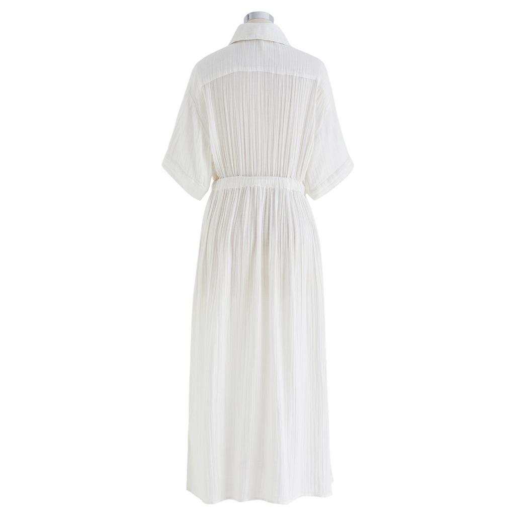 Spring Summer Women's Cotton Linen Shirt Collar Short Sleeve Button Down Cardigan Dress for Europe America