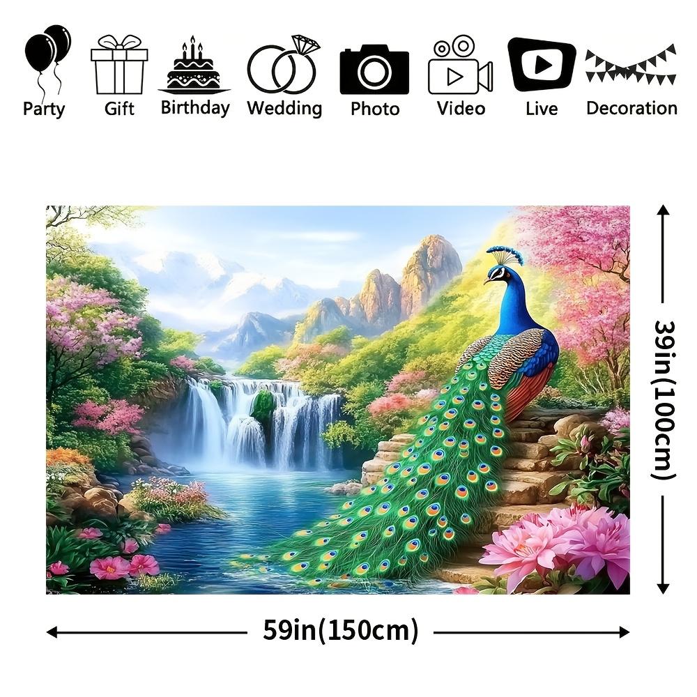 2D Flat Banner - 1 Piece of Rural-style Polyester Background Fabric Featuring a Scene of Peacocks and a Waterfall Wonderland