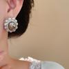 Silver needle court style diamond set oval imitation bead stud earrings personality temperament light luxury earrings