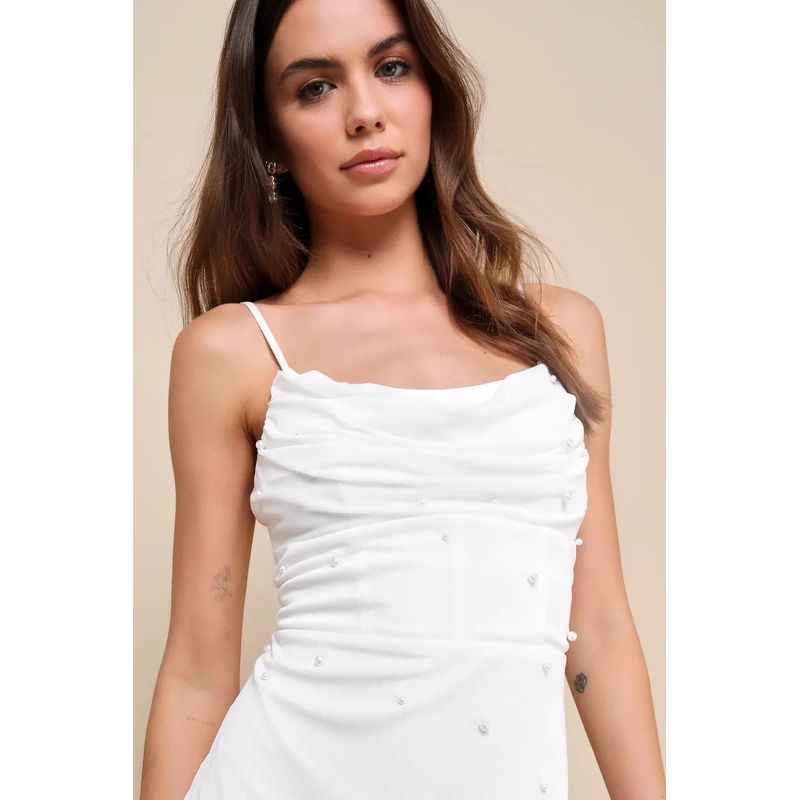 

Export Single Lu s Sling Heavy Industry Net Yarn Pearl Slimming and Simple White Sweet Ruffle Hip Elegant Dress White XL