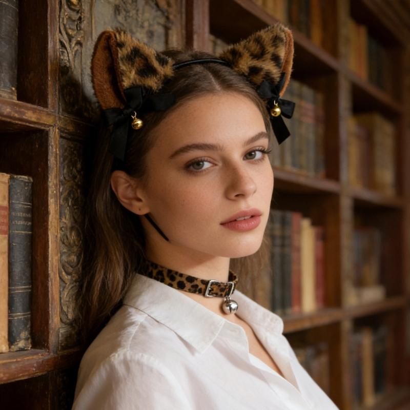 Leopard Cats Ears Headband with Bells Collar Set Cats Costumes Accessories for Women Halloween Cosplay Party Costumes