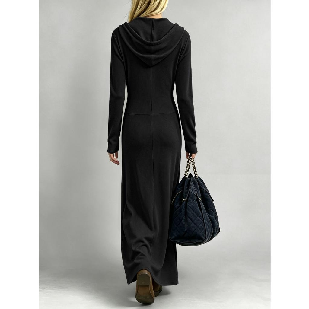 Großformat Damen Kapuzenkleid mit halbem Reißverschluss Gerippt Dehnbar Schmale Taille Langarm Langes Sweatshirtkleid