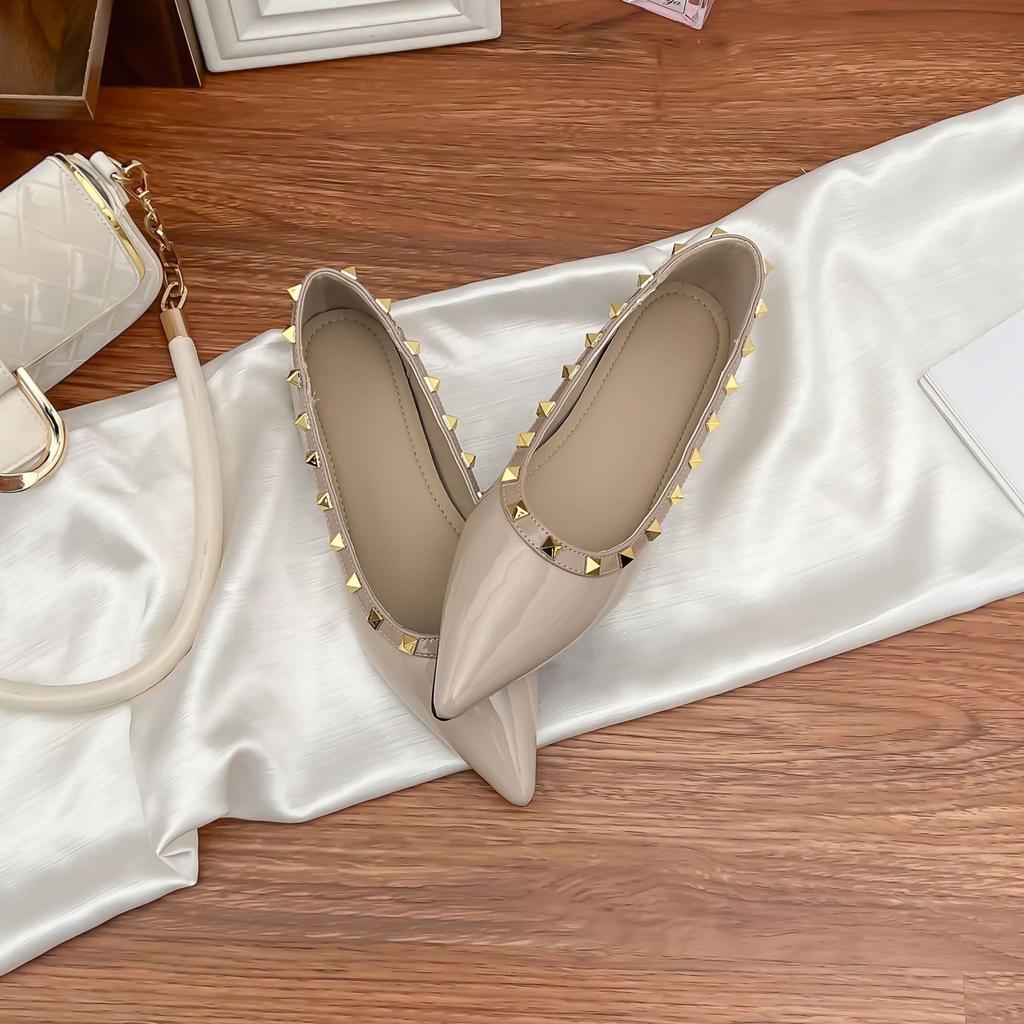 Rivet flat shoes women's soft sole comfortable summer new 2025 French shallow mouth single shoes women's one-pedal pointed women's shoes