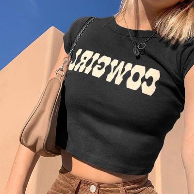 Oansatz Crop Tops Frauen Sommer Mode COWGIRL Drucken Casual T Shirts Grundlegende Sexy Streetwear Braun Kurzarm Picknick ins