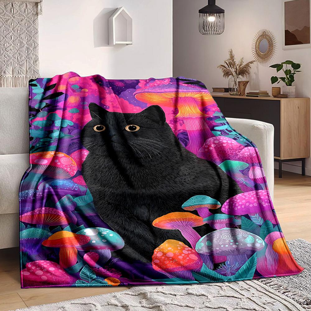 1pc Mushroom Fantasy Cat Blanket, Lightweight Flannel Throw Blanket For Sofa, Bed, Travel, Camping, Living Room, Office, Couch, Chair, And Bed