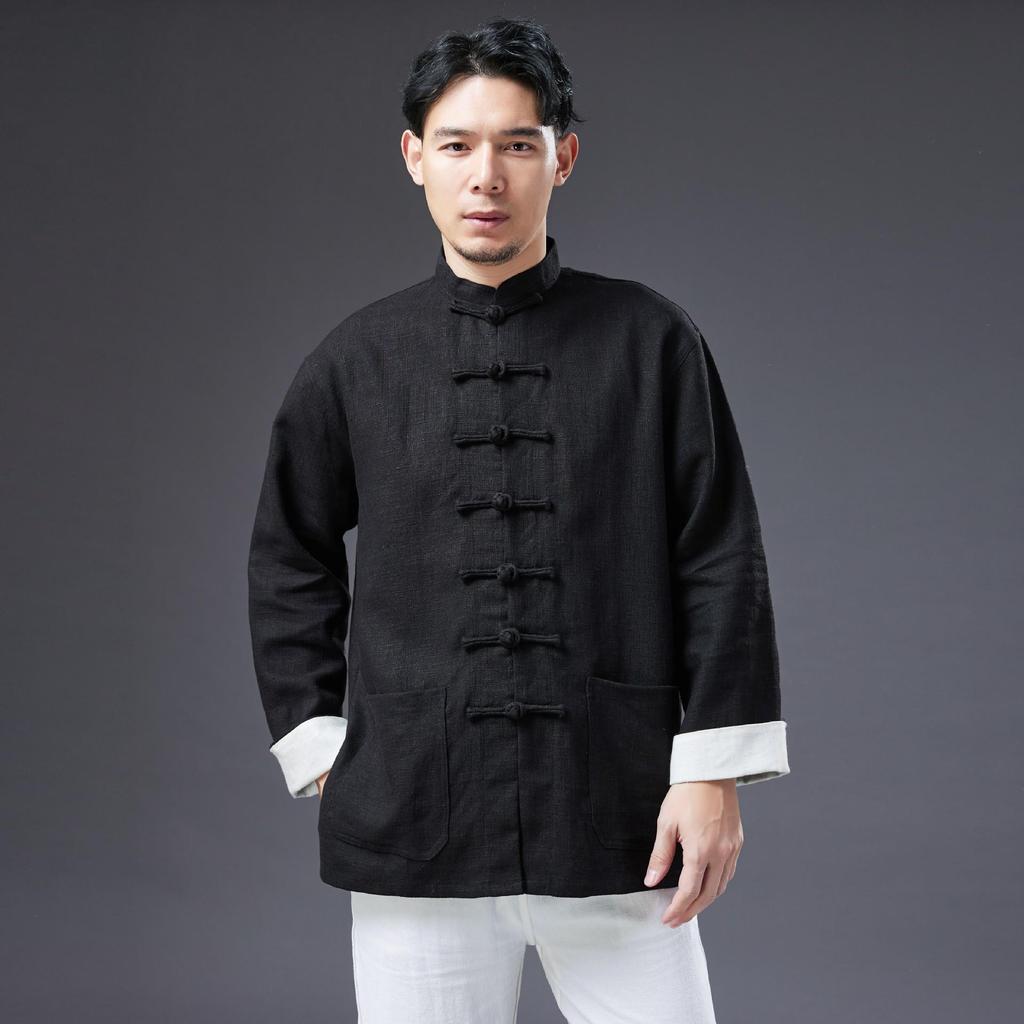 Men's Chinese Style Ramie Jacket Shirt - Casual Loose Fit with Stand Collar and Frog Buttons