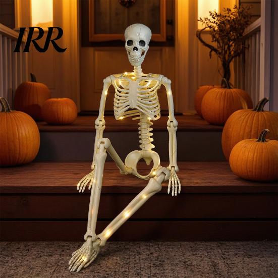 Creepy Window Display Decor 36 Inches LED Light Up Halloween Skeleton, 3FT Life Size Full Body Cemetery Themed Landscaping Posable Plastic Human Bones