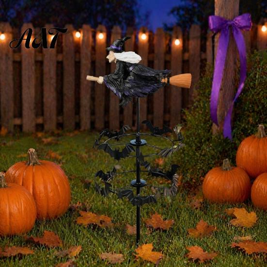 Metal Resin Wind Catchers Witch Garden Spinner, Halloween Statue Stake, Spooky Bats Themed Outdoor Decor And Spinner for Yard Art Lawn Pathway