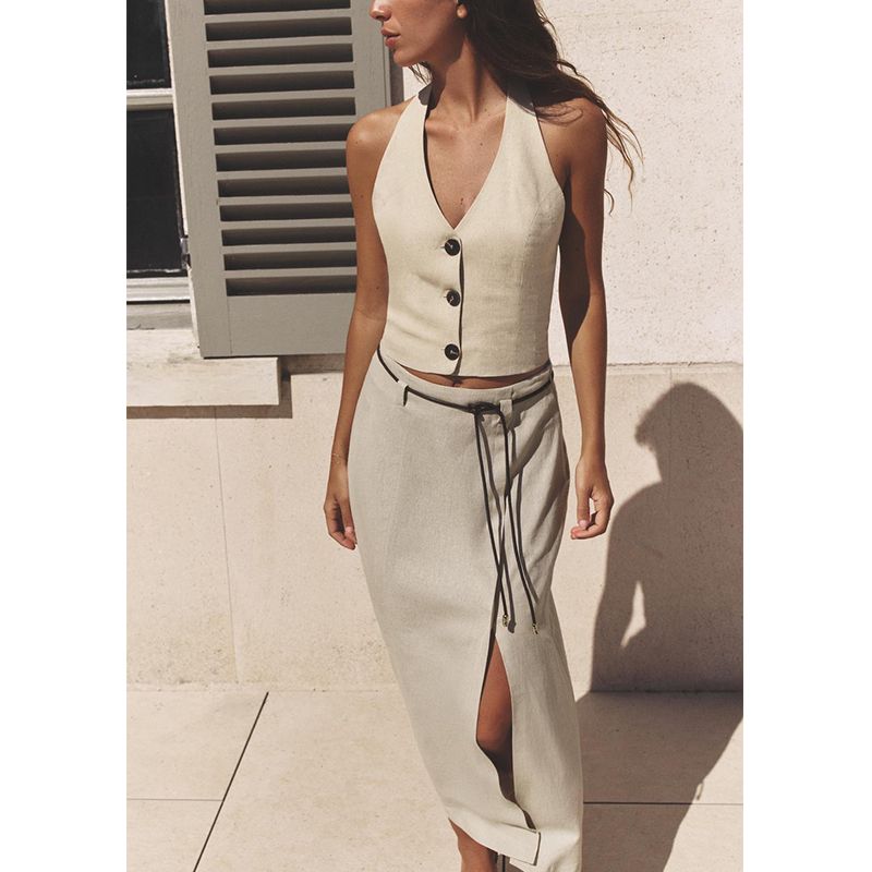 Linen Blend Hanging Collar Sleeveless Casual Tops 3207939 Bowknot Decoration Midi Dress 2153939