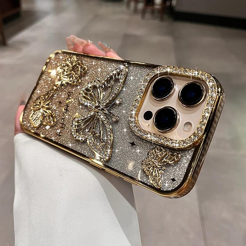 

Cute Cartoon 3D Butterfly Diamond Case for iPhone 16 15 14 13 12 11 Pro Max Plus Glitter Gradient Plating Soft Shockproof Cover For iPhone 13 Pro