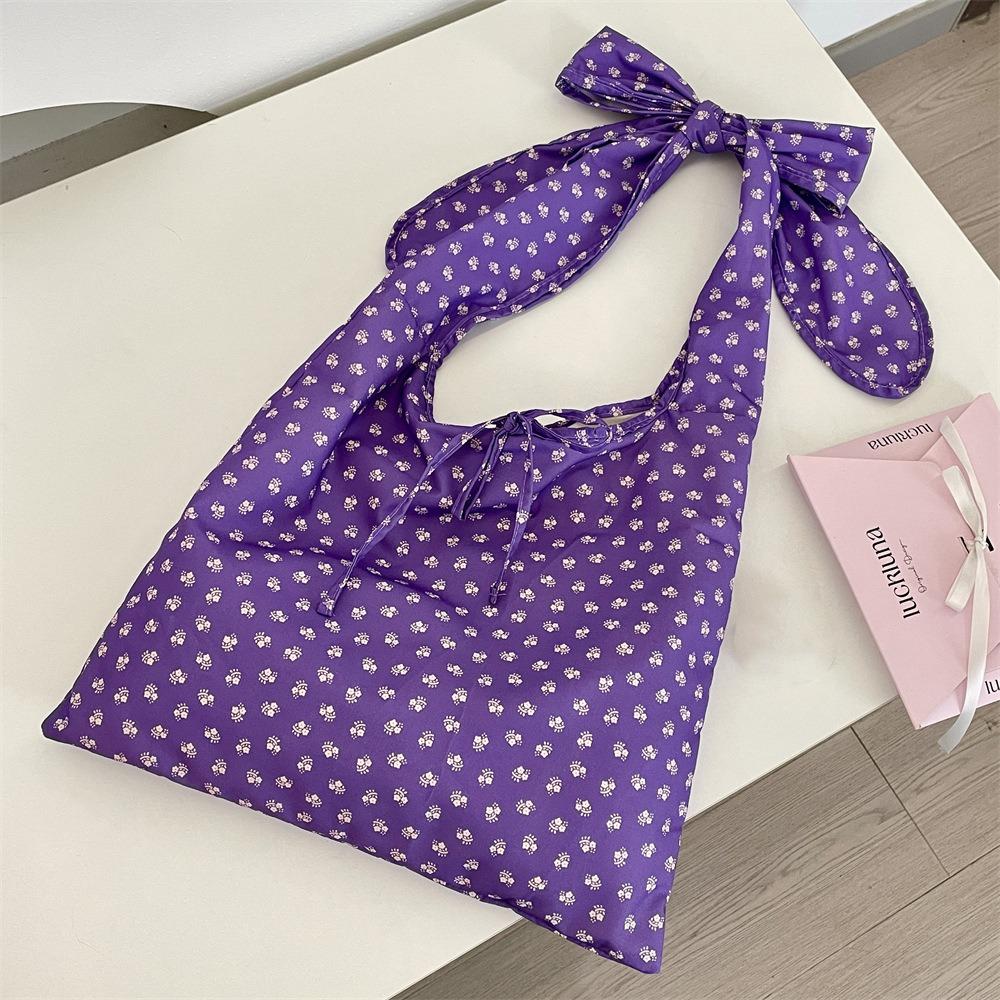 Prined Floral Pattern Canvas Bag Lightweight Handbags Fashion Tie Bow Shoulder Bag  Outdoor