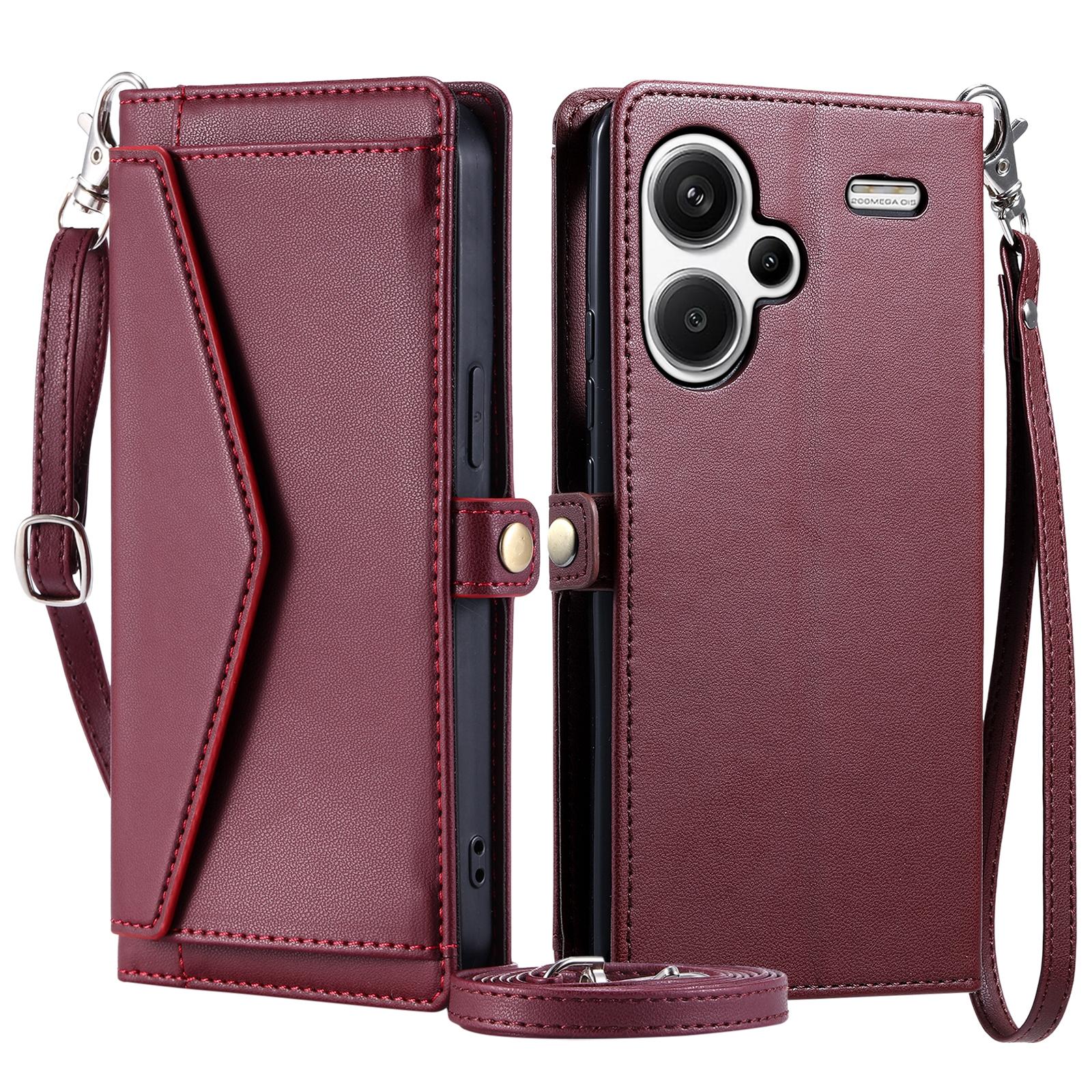 

Кожаный чехол-кошелек с подставкой для телефона со шнурками для Xiaomi Redmi Note 13 Pro+ 5G Wine Red