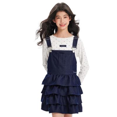 Dżinsowa spódnico-ogrodniczka Barry Banny z regulowanym ramieniem Idealna na jesień i dla dziewczynek w rozmiarze 150 cm Falbanki, Kieszenie, Paski, Wiosna, (5'1")