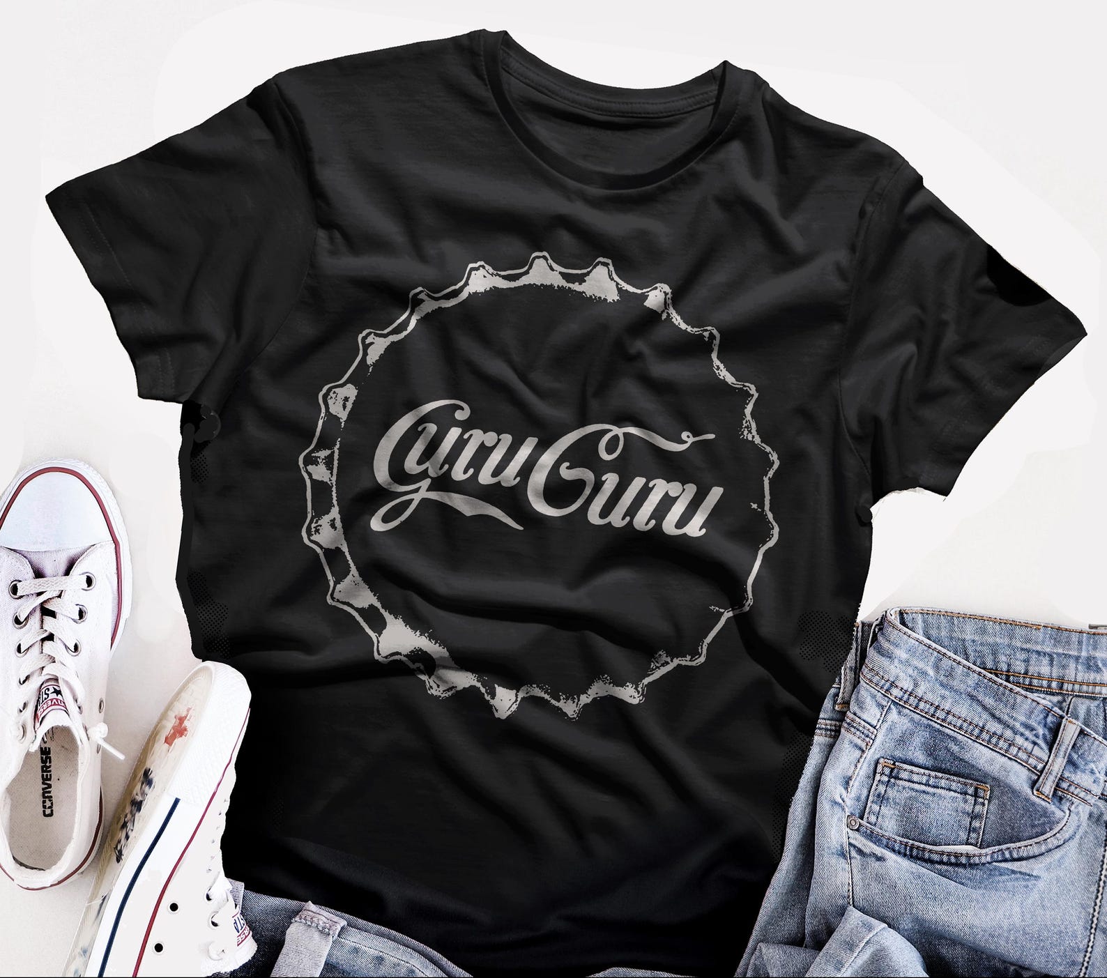 Guru Guru T-Shirt: Black Cotton Short Sleeve Screen Print S