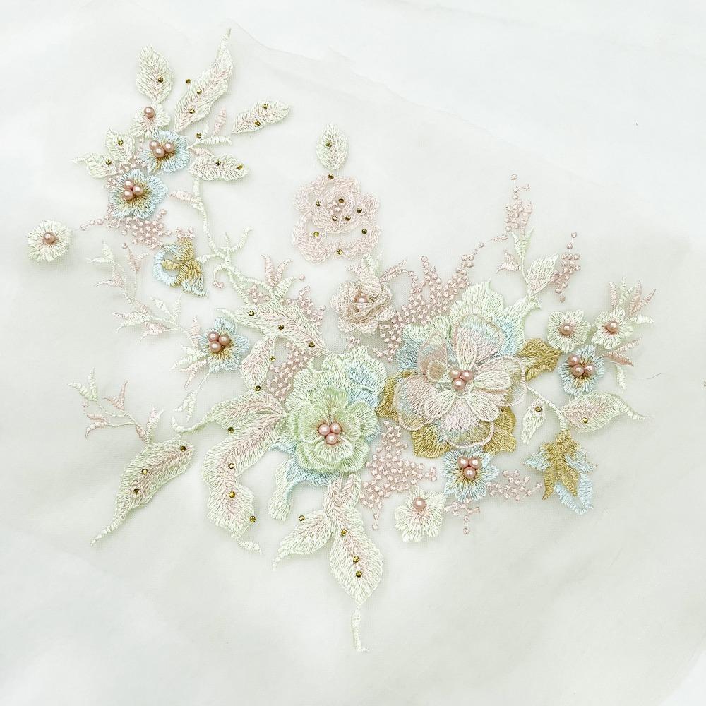 Colorful Sequined Sewing On Patches Flower Lace Beaded Lace Applique  Bridal Dress