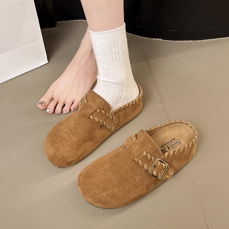 Korean version of niche platform Boken shoes 2025 autumn new outer wear bag head half drag women's belt buckle slippers
