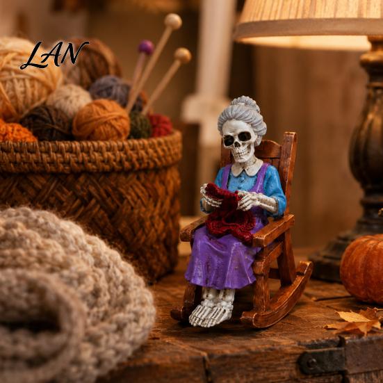 Artistic Skeleton Figurine Set Halloween Figurine, Resin Sitting On Rocking Chair Statue, Drinking Lifelike Statue Coffee Crocheting Reading Tabletop