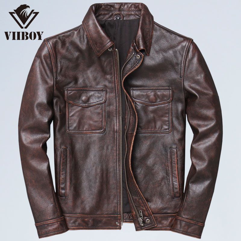 Cowhide pattern lapel locomotive leather jacket is very good for men, leather Ami Kaji casual old retro leather jacket