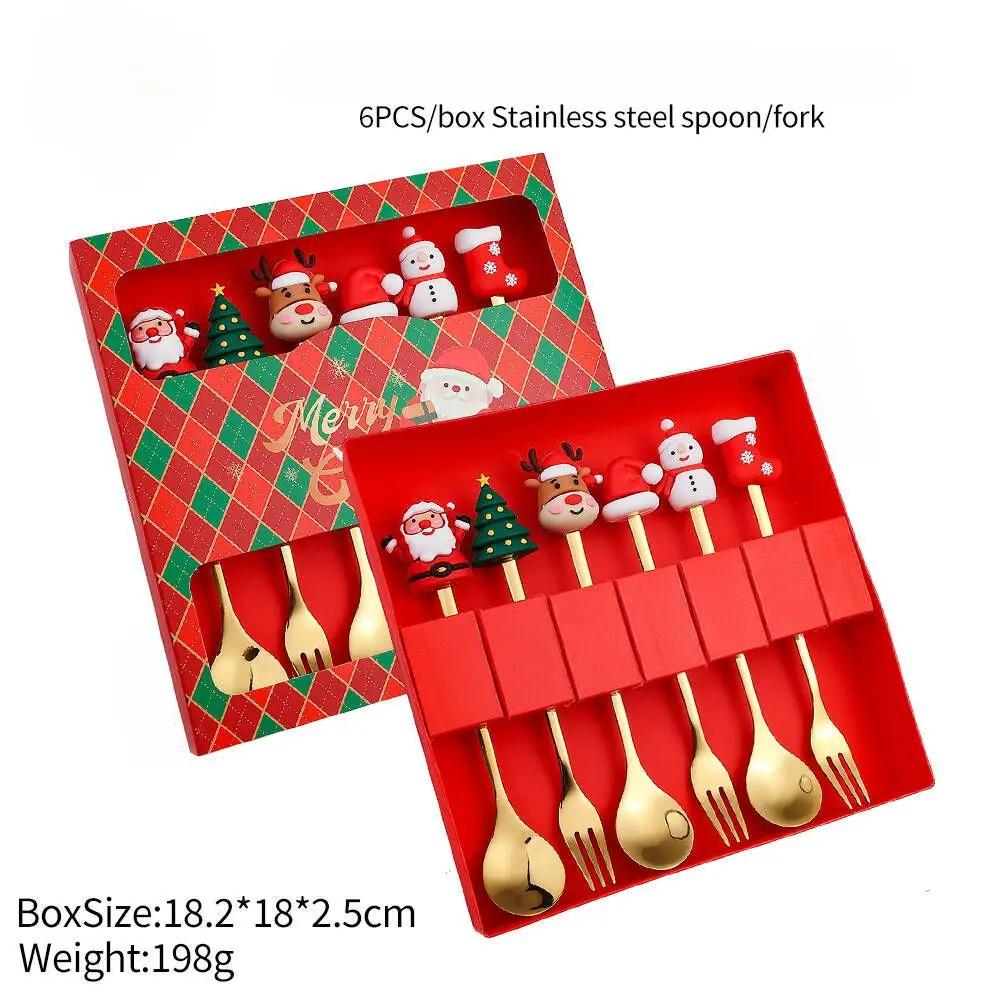 (2/6pc) Christmas Spoon and Fork Set Stainless Steel Creative Tableware Coffee Tea Dessert Spoon and Fork Exquisite Gift Set