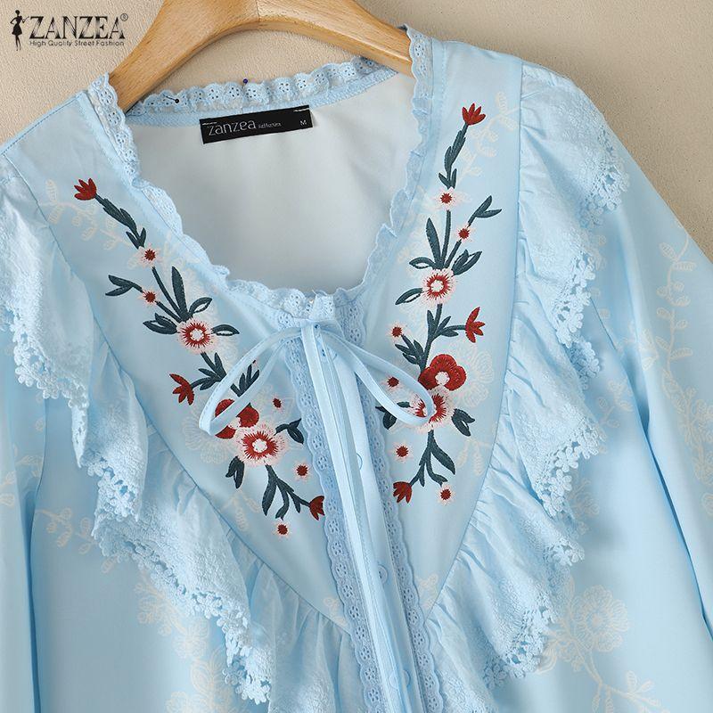 ZANZEA Women Summer Lace Splice V-Neck Floral Print Casual 3/4 Sleeve Blouse