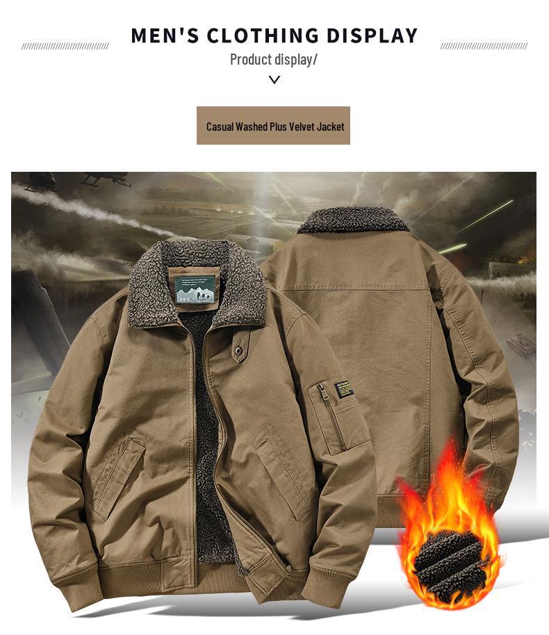 Men's Cross-Border Lambswool-Lined Cotton Jacket - Autumn/Winter Casual Flight Suit with Velvet Lapel