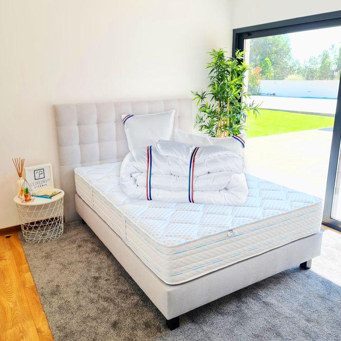 Mattress Set 140x200 Cm, Thermotec, 24 Cm, Firm, Summer/winter Side + Grey Bed Base Ep20cm + 2 Pillows + Duvet + Headboard